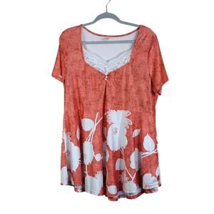 Rose Gal Floral Flowy Flower Print Plus Size Coral Orange Lightweight Blouse Top